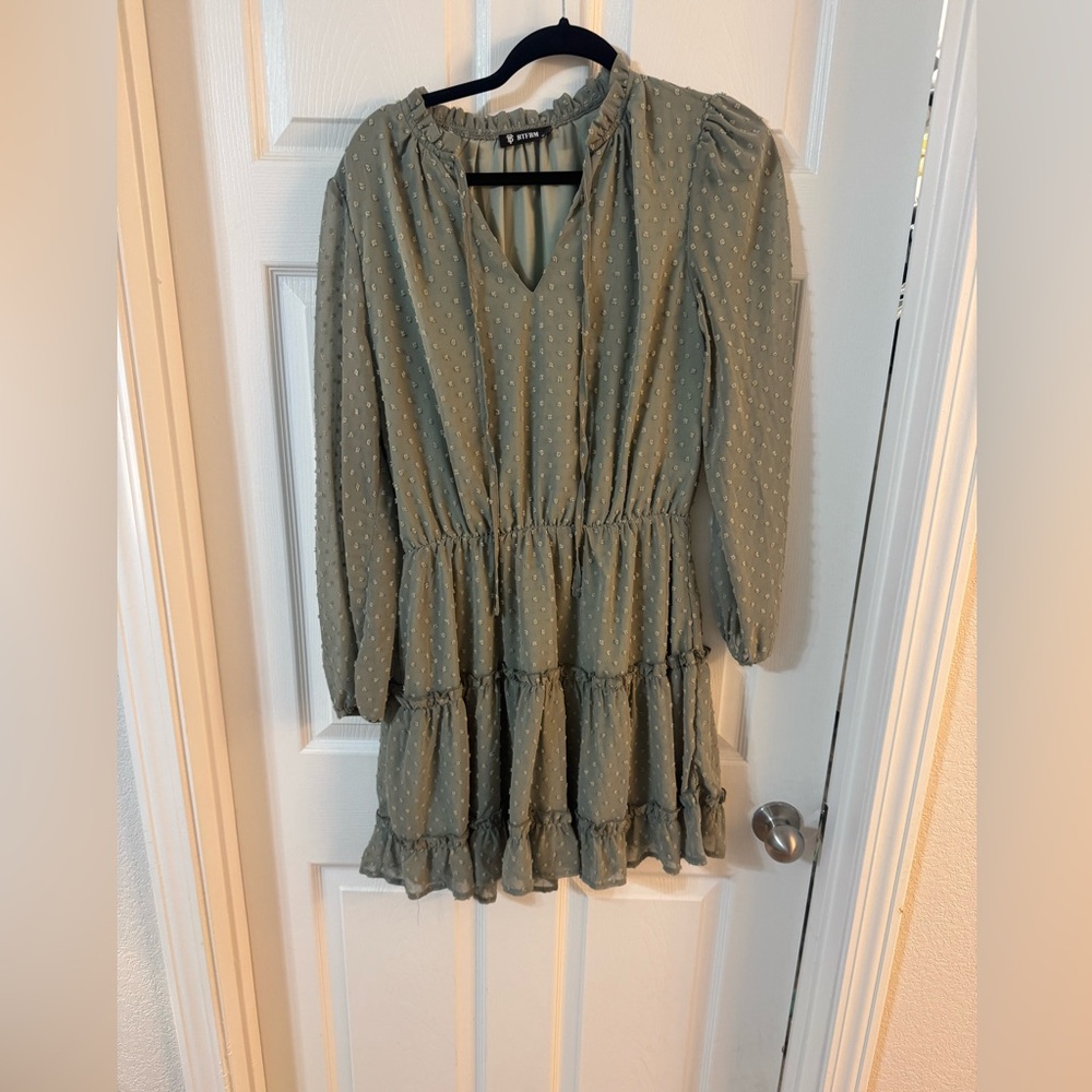 Long-Sleeve Sage Green Tiered Mini Dress
